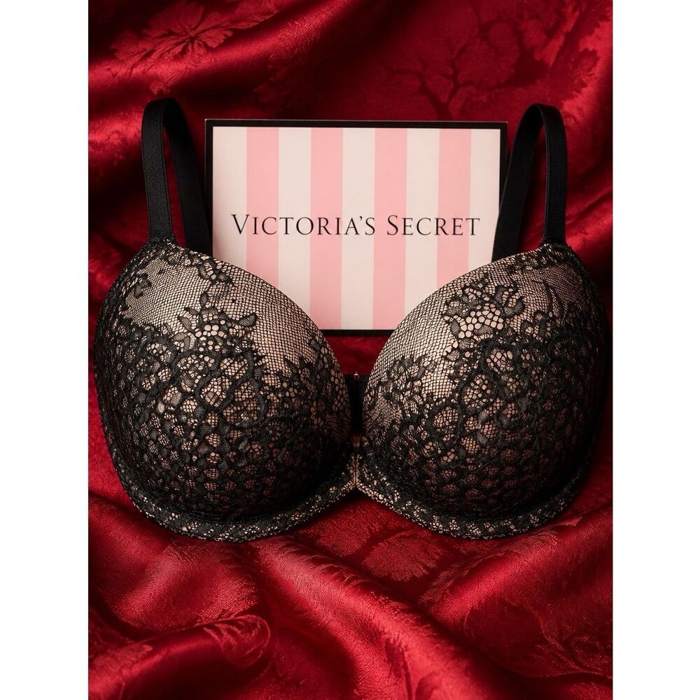 VICTORIAS VERY SEXY BLACK LACE OVER TAUPE 34DD